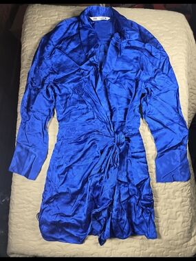 Zara Cobalt Blue Satin Tie-Waist Long Sleeve Robe